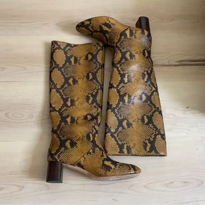 Light Brown Snakeskin Knee-High Heeled Boots, Size 7.5